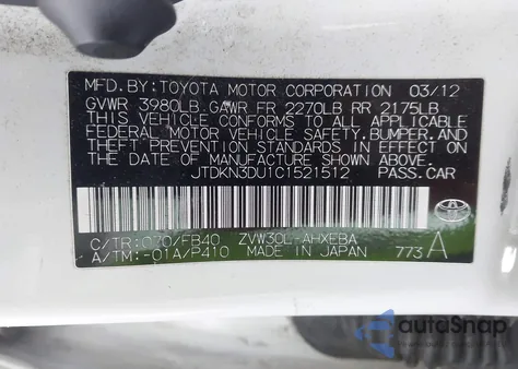 2012 Toyota Prius Two from USA, damaged, VIN JTDKN3DU1C1521512